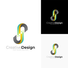 S logo and pixel design combination, technology icons