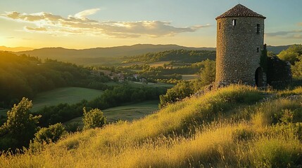 Obraz premium A stone tower stands on a hilltop overlooking a valley at sunset.