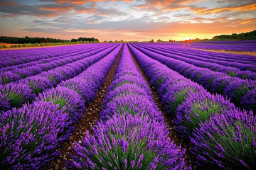 a lavender field in full bloom under a warm, golden sunset.