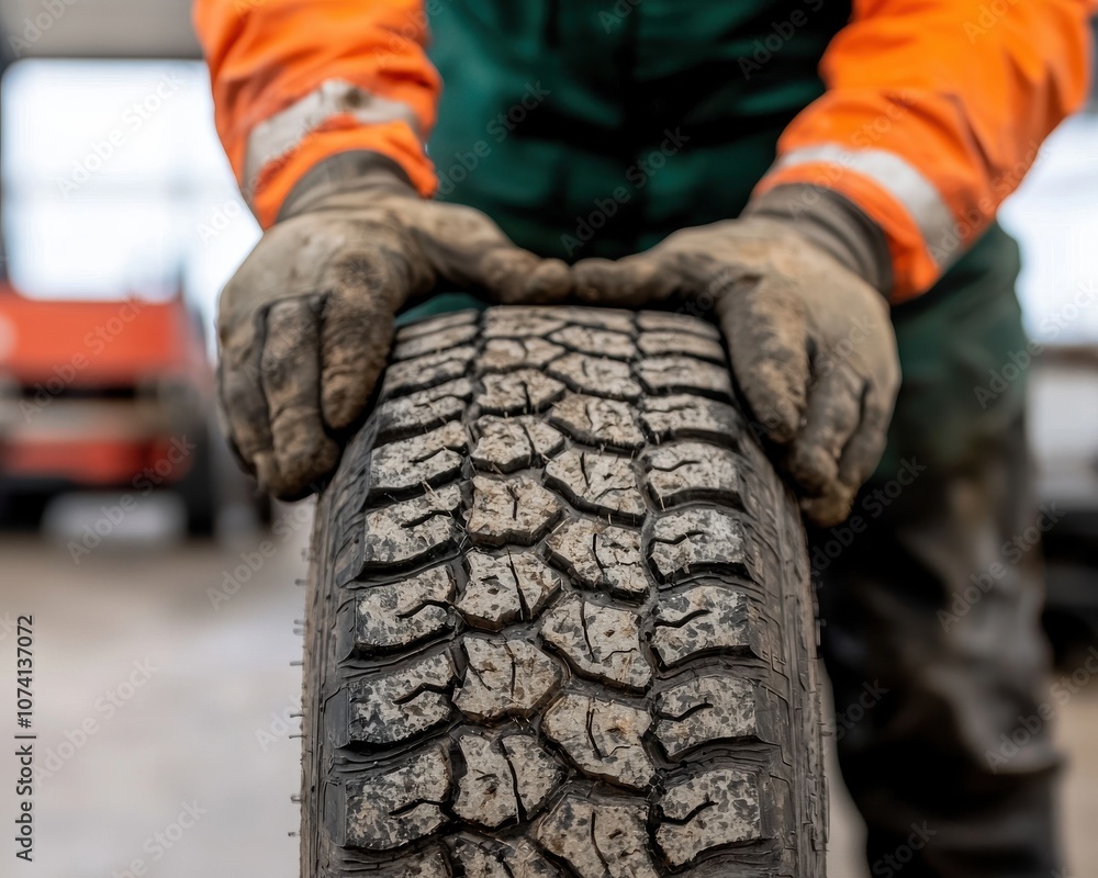 Poster a worker examines a wet tire, showcasing its tread pattern, in a workshop setting with tools in the 