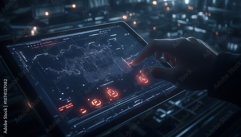 Poster a hand is interacting with a futuristic digital interface, displaying a network of data points and g