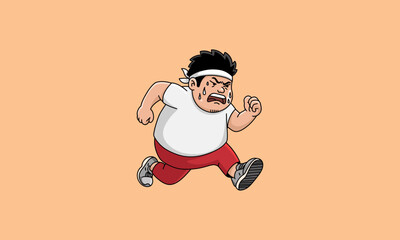 Determined cartoon man jogging in workout attire.