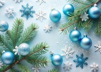Fototapeta premium Blue Winter Holiday Decorations with Ornaments, Pine Branches, and Snowflakes on a Light Background for Festive Season Celebrations