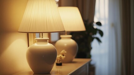 A well-lit living room with neutral-toned ceramic lamps placed on a console table, adding to the serene