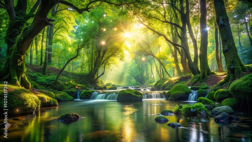 Poster serene forest stream surrounded by lush greenery with a beautiful bokeh effect capturing nature’s tr