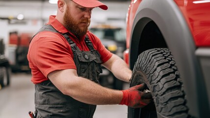 A mechanic is replacing a tire on a red truck in a garage, showcasing automotive repair skills and attention to detail.
