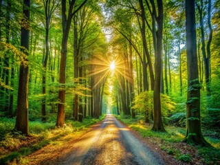 Obraz premium Serene Forest Road: A Tranquil First-Person View of Nature's Beauty Ideal for Landscape Photography Enthusiasts in High-Resolution 4K Quality