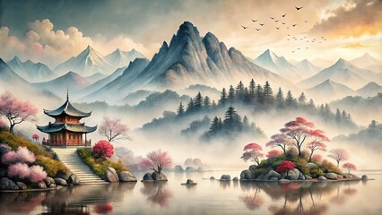 Fototapeta premium Serene Fusion of Chinese and Japanese Nature: Pastel Mountainscape in Ink Painting Style for Fashion Photography Inspiration