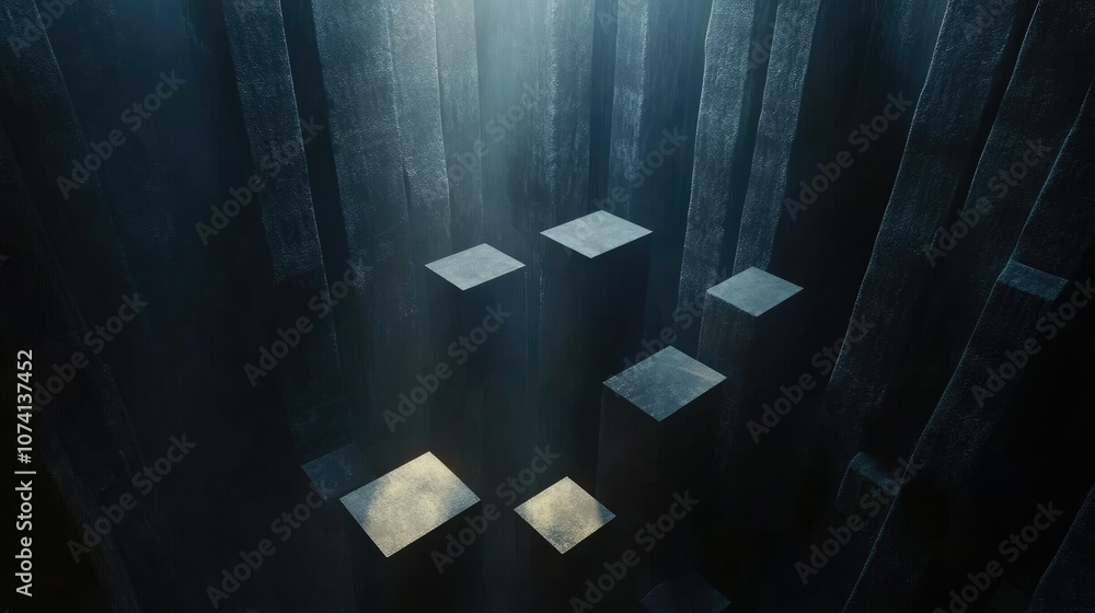 Poster An abstract 3D rendering of geometric blocks in a dark space, with dramatic lighting accentuating sharp edges and angles