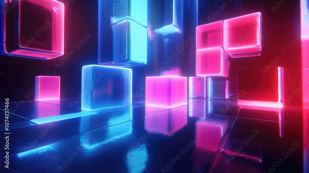 Poster An abstract 3D rendering of geometric blocks in a dark space, with dramatic lighting accentuating sharp edges and angles