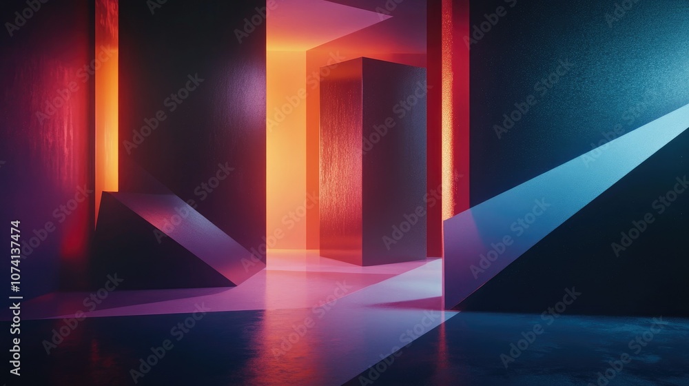 Poster An abstract 3D rendering of geometric blocks in a dark space, with dramatic lighting accentuating sharp edges and angles