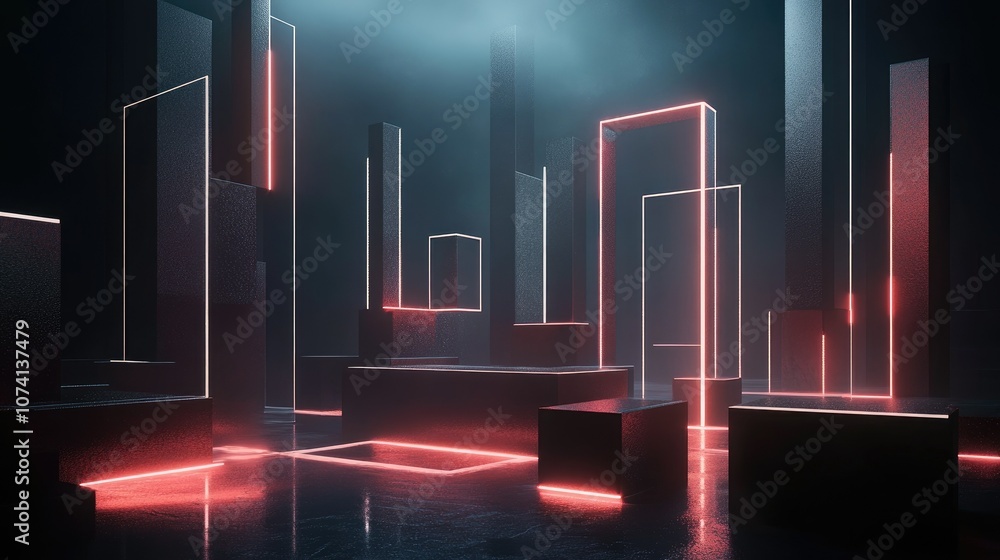 Poster An abstract 3D rendering of geometric shapes and blocks, with a dark background and soft glowing lines creating depth and contrast