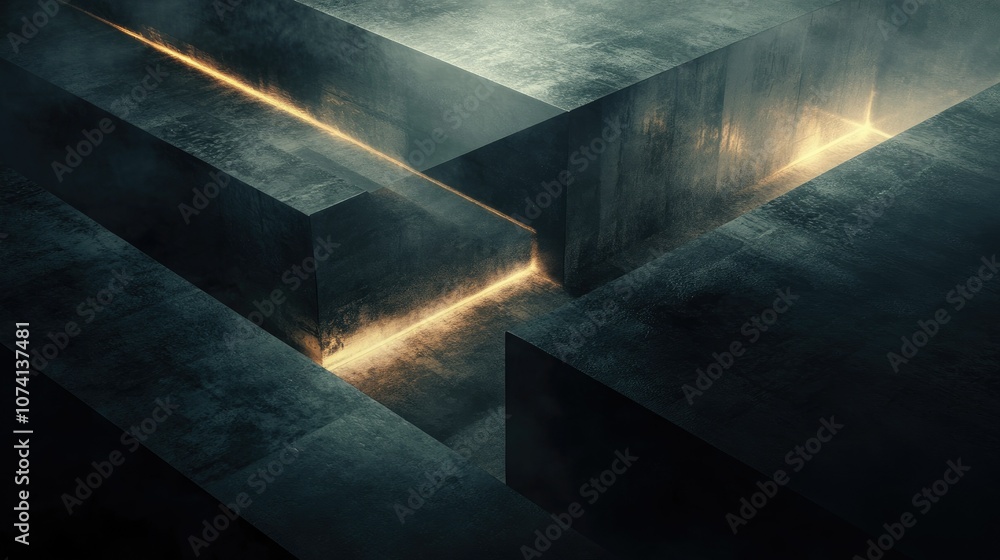 Aufkleber An abstract 3D rendering of geometric shapes and blocks, with a dark background and soft glowing lines creating depth and contrast
