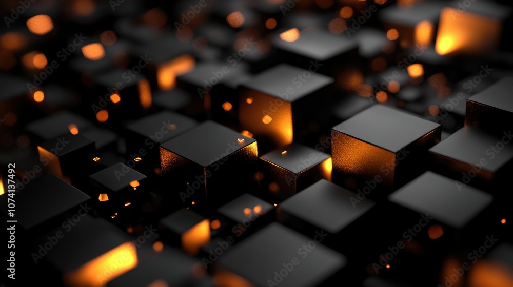 Poster An abstract 3D rendering of geometric shapes and blocks, with a dark background and soft glowing lines creating depth and contrast