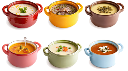 Assorted Soups in Colorful Bowls Isolated on a Clear Background Generative AI