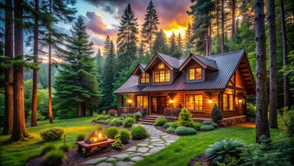 Serene House in the Woods Surrounded by Lush Greenery and Tall Trees, Evoking a Sense of Peace and Tranquility Amidst Nature's Beauty, Perfect for Nature Lovers and Retreats