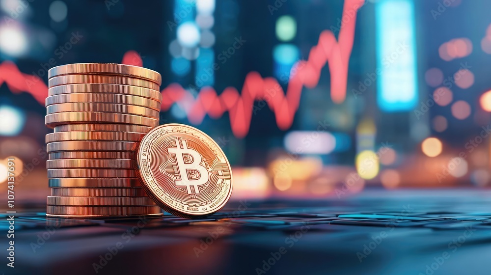 Poster stack of bitcoin coins with growth chart on digital background.