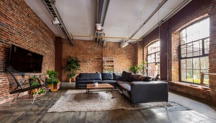 Modern Industrial Living Room with Exposed Brick Walls and Metal Accents