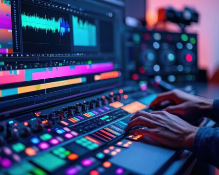 A vibrant digital audio workstation featuring colorful waveforms and controls, showcasing creative audio editing and production.