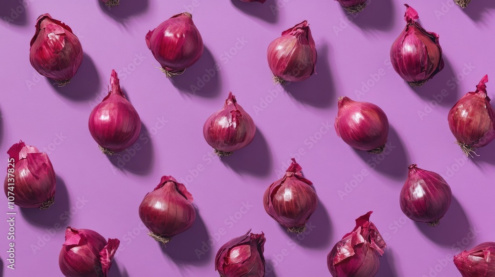Aufkleber artistic flat lay of red onions placed on a purple background, emphasizing their texture and rich co