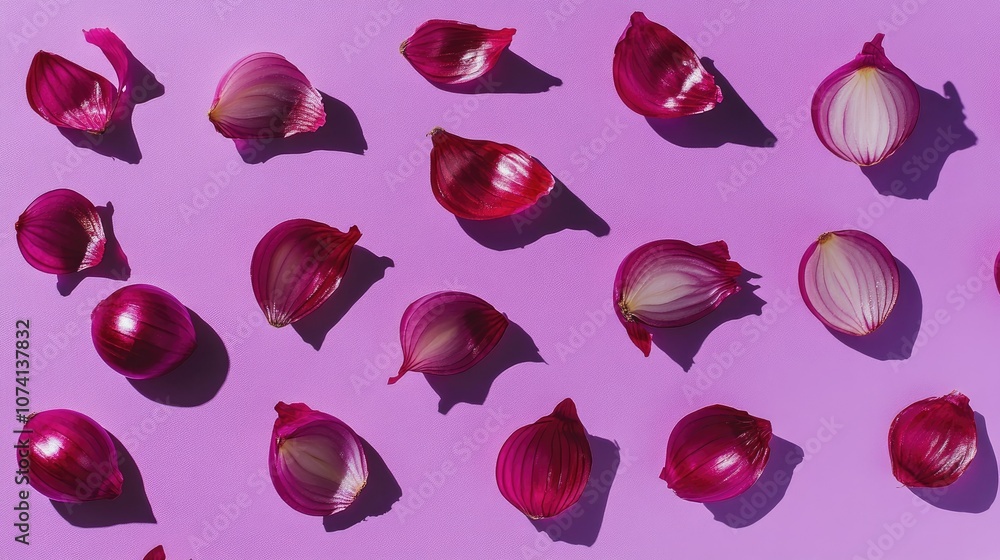 Poster artistic flat lay of red onions placed on a purple background, emphasizing their texture and rich co