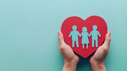 A pair of hands holds a large red heart with blue figures symbolizing family, love, and care against a light blue background.