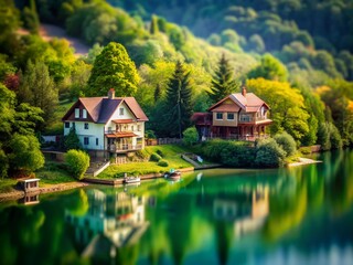 Serene Lake View with Two Charming Houses Nestled Among Trees in a Picturesque Landscape Captured Using Tilt-Shift Photography Technique