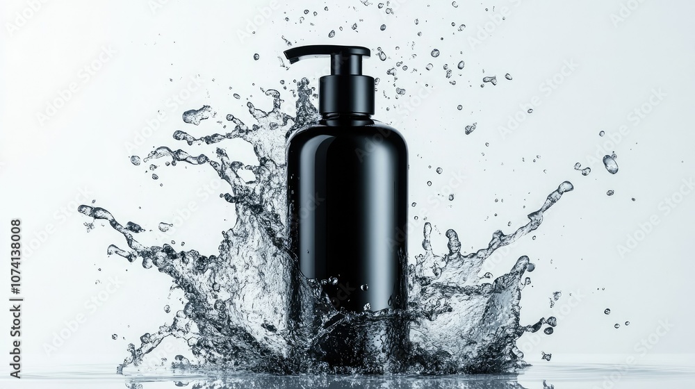 Aufkleber black pump bottle with a high-speed water splash crashing around it, isolated on a stark white backg