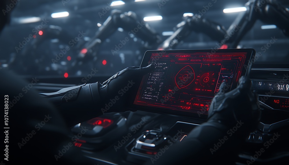 Poster a futuristic scene showing a person operating a glowing red interface on a tablet, with robotic figu