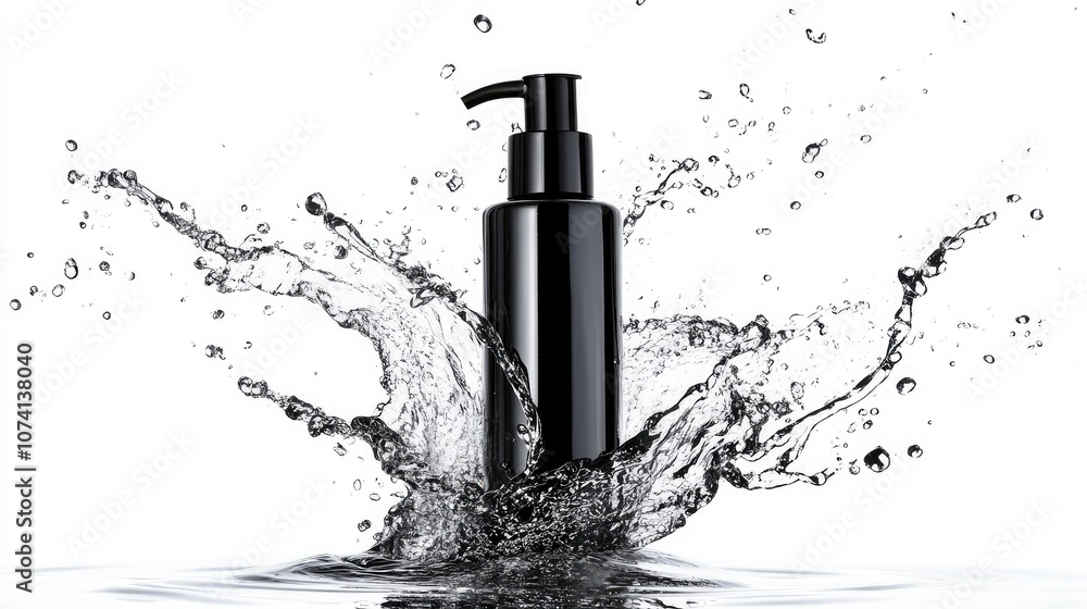 Poster black pump bottle with a high-speed water splash crashing around it, isolated on a stark white backg