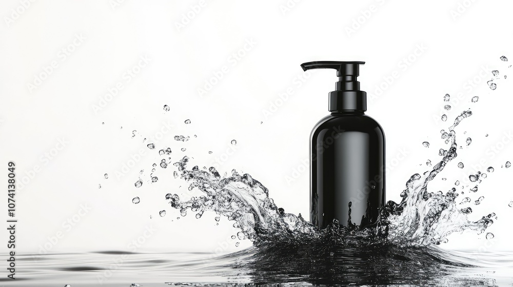 Aufkleber black pump bottle with a high-speed water splash crashing around it, isolated on a stark white backg