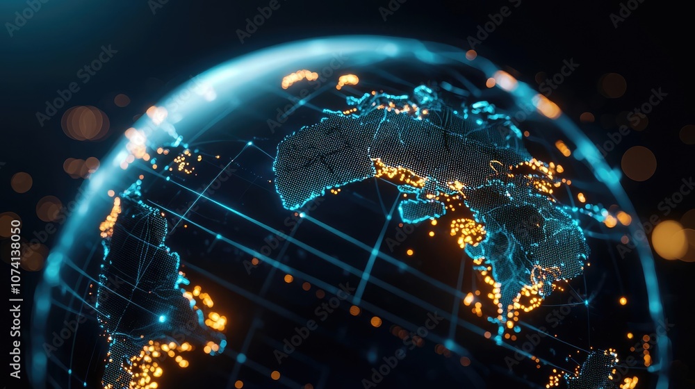 Aufkleber illuminated globe with network lines and glowing continents on dark background.
