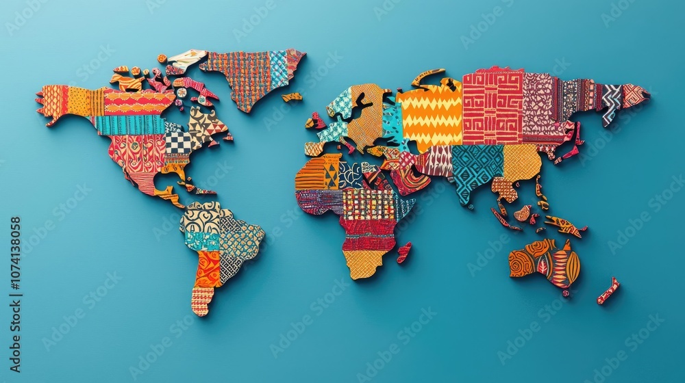Poster colorful world map with intricate patterns on a blue background.