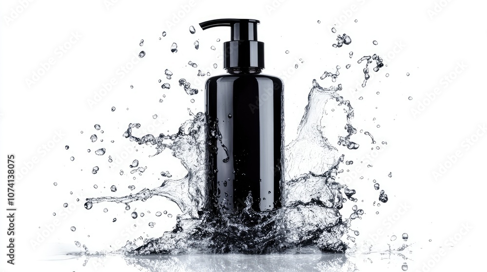 Poster Black pump bottle with a high-speed water splash crashing around it, isolated on a stark white background to emphasize movement and freshness