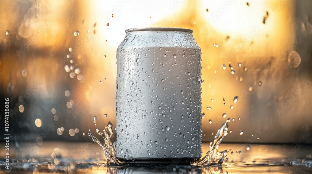 Aufkleber blank white soda can with condensation and water droplets splashing off, isolated on a light backdro