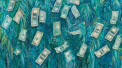 Oil painting of a dollar in blue color, showcasing intricate details and texture, with a vibrant and artistic representation of currency.