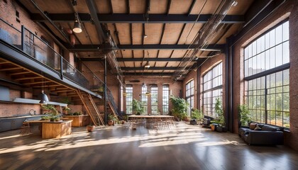 Fototapeta premium Spacious Industrial Loft with High Ceilings, Large Windows, and Raw Steel Beams
