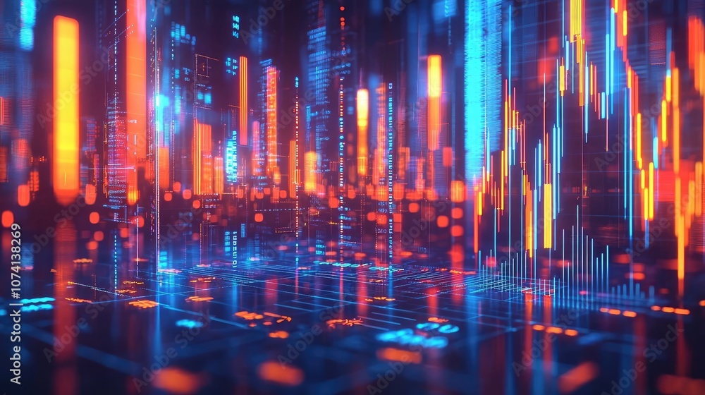 Poster futuristic digital landscape with colorful data streams and glowing visualizations.
