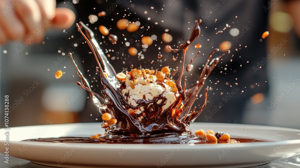 Poster Captivating image of chocolate sauce splashing dramatically, droplets flying in every direction, set against a neutral backdrop for maximum impact