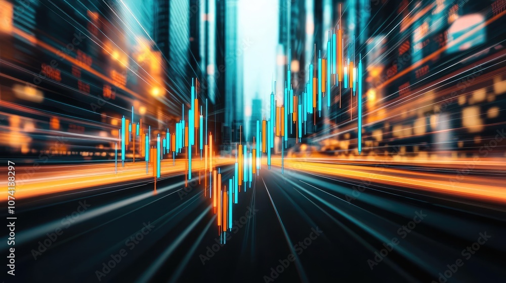 Aufkleber dynamic cityscape with blurred lights and data overlay effect.