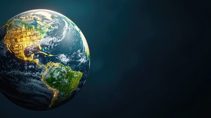 Globe showing Americas with dramatic lighting, dark background, high detail, 3D rendering.