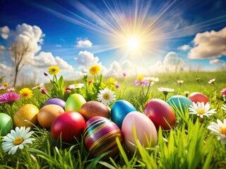 Colorful Easter Eggs in Lush Green Grass with Vibrant Spring Flowers on a Sunny Day &acirc;&euro;&ldquo; Perfect for Celebrating Easter and Springtime Joy