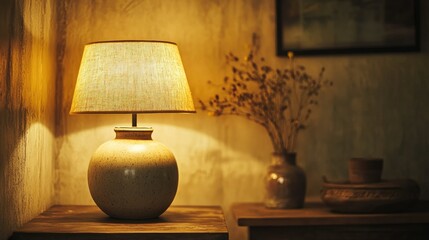 Ceramic-based neutral-toned table lamp with a soft glow, complementing a warm-toned neutral room decor