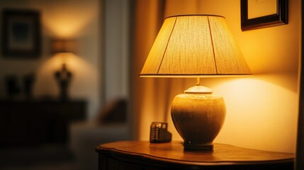 Ceramic-based neutral-toned table lamp with a soft glow, complementing a warm-toned neutral room decor
