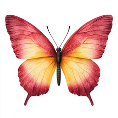 A vividly colored butterfly with red and yellow wings, showcasing intricate patterns and a symmetrical shape, embodies beauty and nature.