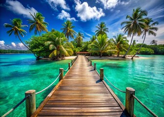 Fototapeta premium Serene Long Pier Leading to a Lush Tropical Island with Crystal Clear Waters and Vibrant Greenery, Perfect for Travel, Vacation, and Nature Imagery