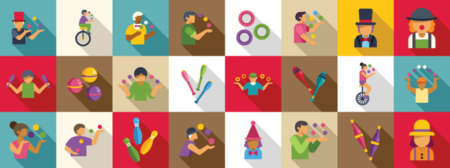 Juggler icons set. Colorful flat design icons of jugglers and circus performers juggling various objects, riding unicycles, and entertaining audiences © anatolir