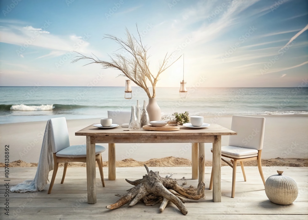 Poster serene minimalist beach table setting with natural elements and soft light for tranquil coastal atmo
