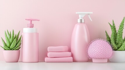 Elegant Display of Pink Skin Care Products with Soft Towels and Cute Succulents on a Light Pink Background for a Relaxing Spa Atmosphere