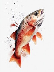 A vibrant illustration of a rainbow trout, showcasing its colorful scales and dynamic form against a splattered background.